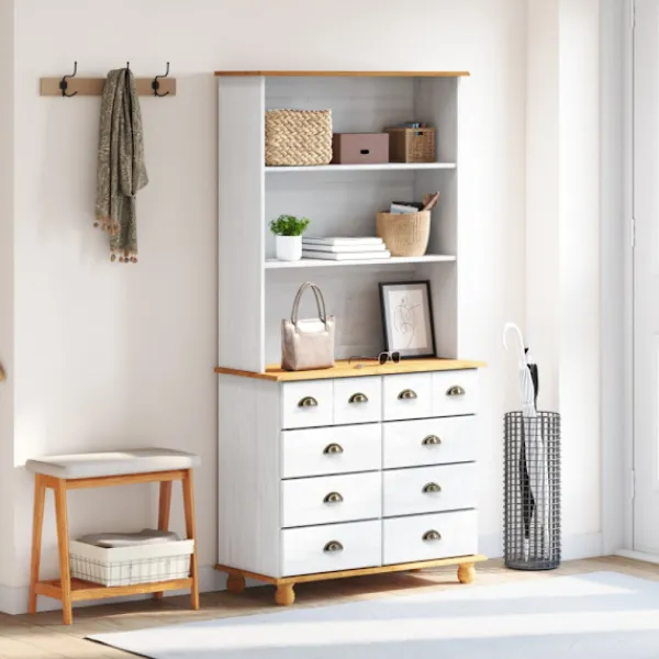 vidaXL Byråer>Hutch med låda ASKIM Vit 91 x 40 x 184 cm Massiv furu