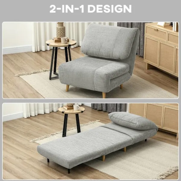 Northio Soffor>2-i-1 bäddsoffa, stolsäng, justerbar hopfällbar madrass, gästsäng i manchesterlook, för sovrum, vardagsrum, grå 82 x 89 x 83 cm