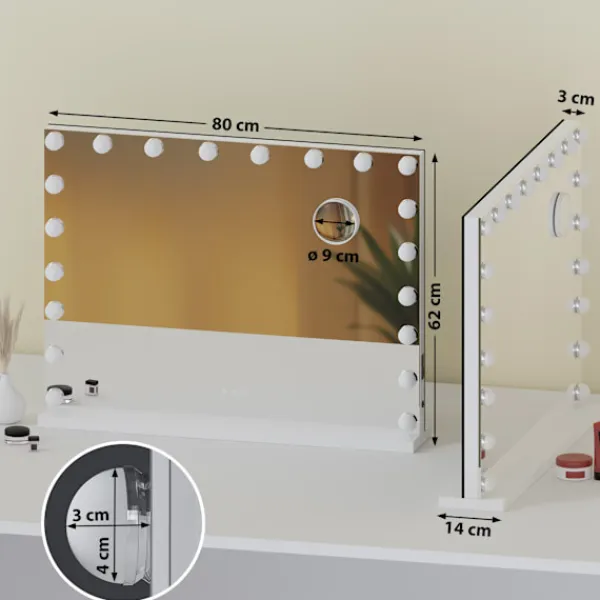 BellaFurn Sminkbord>Illuminated Wall Mirror - Make -Up Mirror - Dimble LEDS & USB -anslutning | Färg: Vit | Innehåll: Med Bluetooth