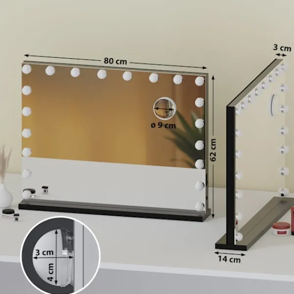 BellaFurn Sminkbord>Illuminated Wall Mirror - Make -Up Mirror - Dimble LEDS & USB -anslutning | Färg: Svart | Innehåll: Med Bluetooth