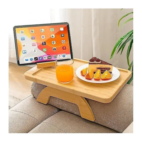 Småbord>Kaffebordsbricka i bambu - Clip-On sidobord för breda soffor, hopfällbar armstödsbricka med 360° roterbar yta