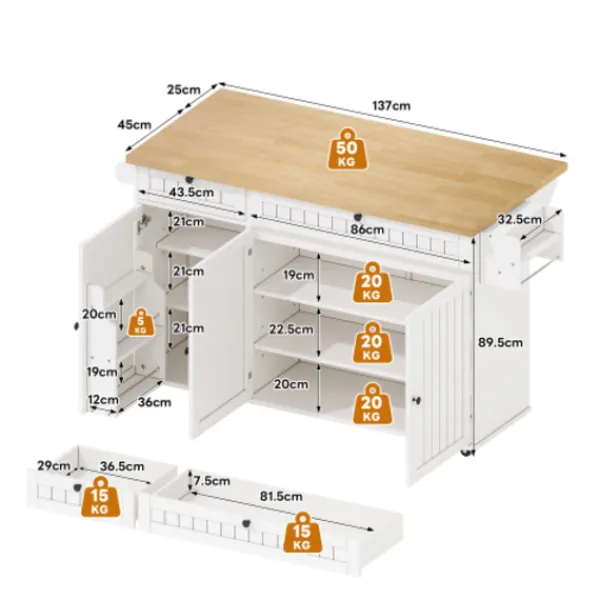 Köksö>Köksö med glasskiva och 6 hjul, 137x89,5 cm, med 2 lådor & skåp, flexibel arbetsyta, vit