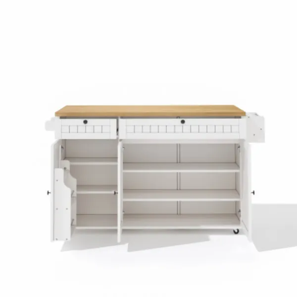 Köksö>Köksö med glasskiva och 6 hjul, 137x89,5 cm, med 2 lådor & skåp, flexibel arbetsyta, vit