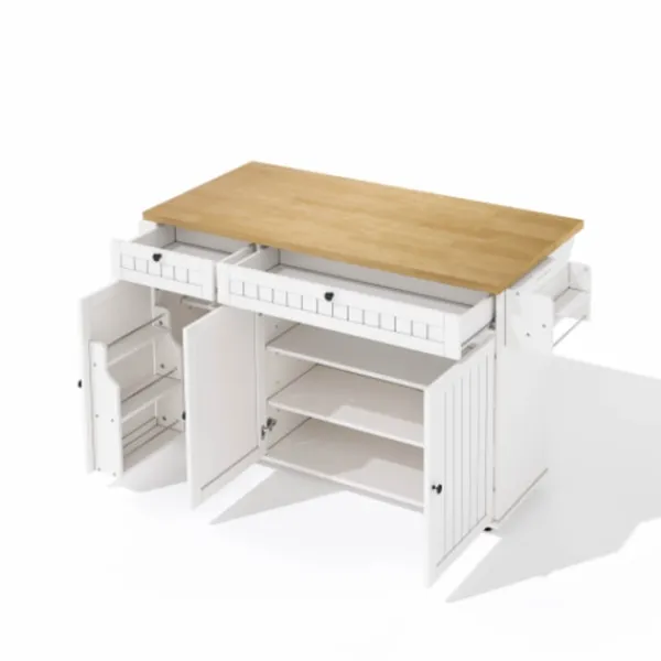 Köksö>Köksö med glasskiva och 6 hjul, 137x89,5 cm, med 2 lådor & skåp, flexibel arbetsyta, vit