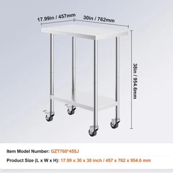 DUOKU Köksö>Köksarbetsbord Rostfritt Stål--Förberedelsebord-762 x 457 x 954,6 mm-4 Hjul-3 Justerbara Höjdnivåer