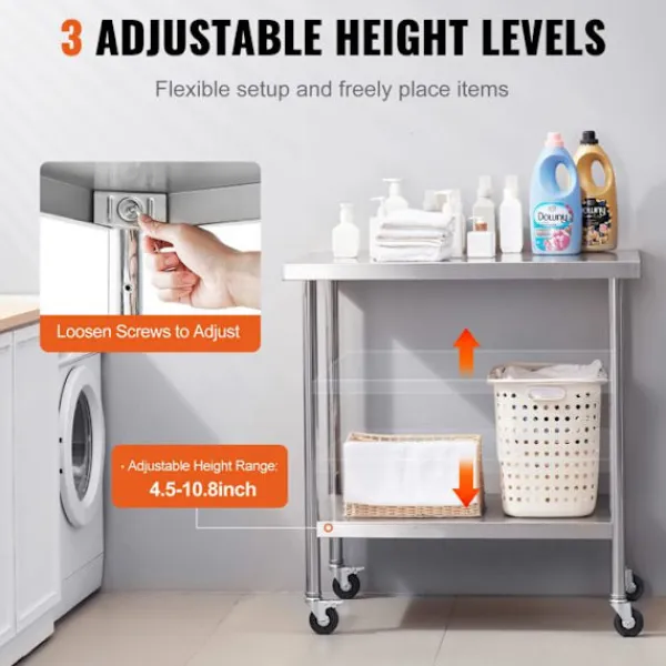 DUOKU Köksö>Köksarbetsbord Rostfritt Stål--Förberedelsebord-762 x 457 x 954,6 mm-4 Hjul-3 Justerbara Höjdnivåer