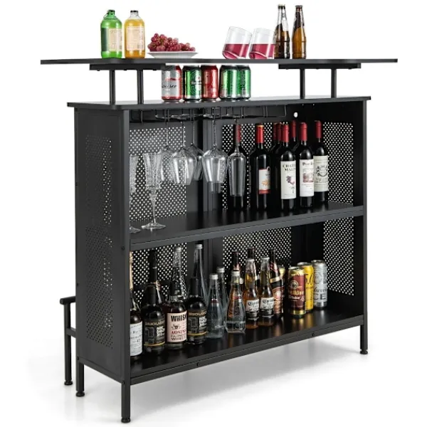 Northix Småbord>Köksbarbord med 2 vinställ & 6 glashållare & justerbara fötter 120 x 50 x 106,5 cm svart