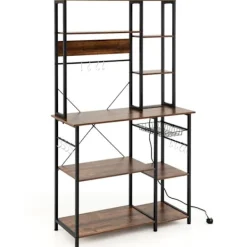 COSTWAY Köksö>Köksbuffé i 6 nivåer , Eluttag, Öppna hyllor i trä, Krokar, Korg, Metallram, 99x 40x 170cm