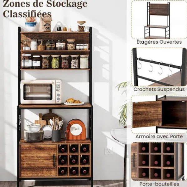 COSTWAY Sideboards>Köksbuffé med eluttag , vinflaskshållare, metallram, för vardagsrum och sovrum,