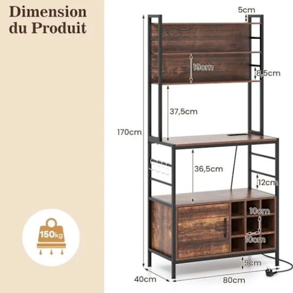 COSTWAY Sideboards>Köksbuffé med eluttag , vinflaskshållare, metallram, för vardagsrum och sovrum,
