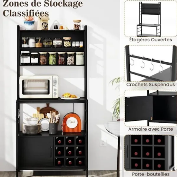 COSTWAY Sideboards>Köksbuffé med eluttag , vinflaskställ, metallram, för kök, vardagsrum, matsal,