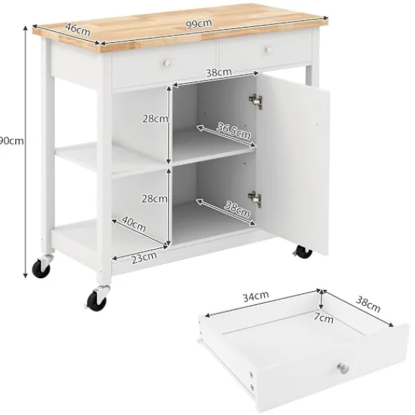 Northix Köksö>Köksvagn med hjul Köksö med bänkskiva Serveringsvagn med 2 lådor 99 x 46 x 90 cm Vit