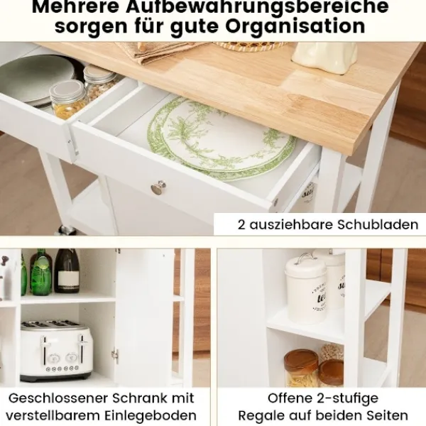 Northix Köksö>Köksvagn med hjul Köksö med bänkskiva Serveringsvagn med 2 lådor 99 x 46 x 90 cm Vit