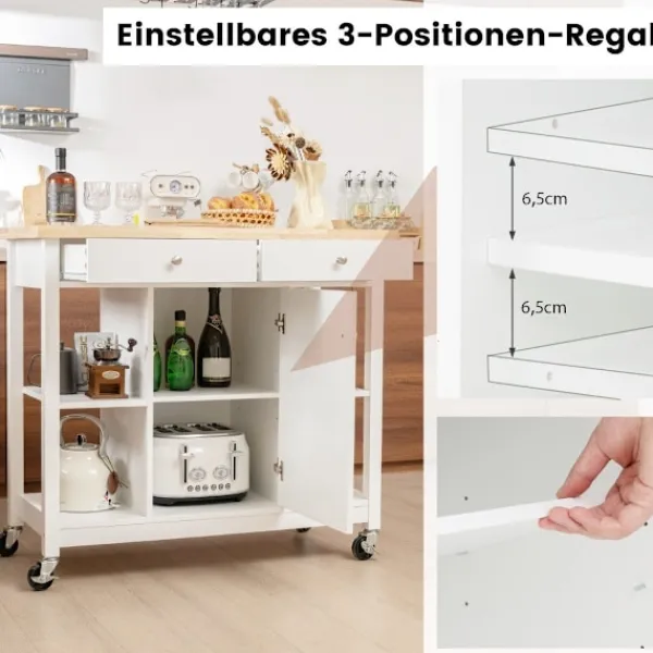 Northix Köksö>Köksvagn med hjul Köksö med bänkskiva Serveringsvagn med 2 lådor 99 x 46 x 90 cm Vit