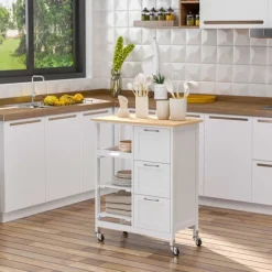 Northio Köksö>Köksvagn, serveringsvagn med 3 lådor, 3 våningar, bänkskiva, köksvagn, förvaringsvagn, vit, 67 x 37 x 85 cm