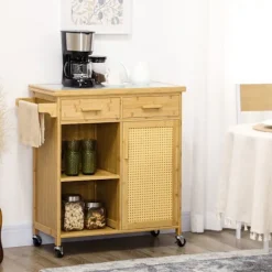 Northio Köksö>Köksvagn Serveringsvagn Med Låda, Skåp, Öppna Hyllor, Handdukshylla, Bänkskiva, Bambu, Natur