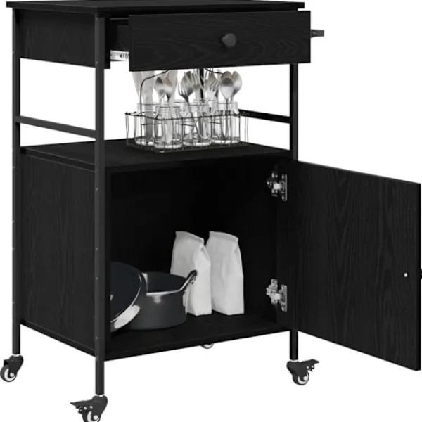 vidaXL Köksö>Köksvagn Svart Ek 56 x 43 x 89,5 cm Konstruerat trä