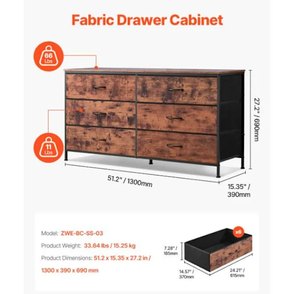 DUOKU Byråer>Kommod - - ZWE-BC-SS-03 - 6 Lådor - 130x39x69 cm - Förvaringsmöbel