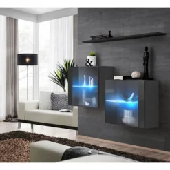 AC-DÉCO Sideboards>Kommod - Switch SB III - 2 LED vitriner - 1 hylla - Svart och grafit - Modell 1