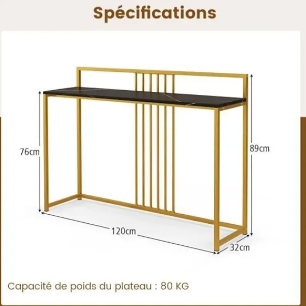 COSTWAY Småbord>Konsolbord -- Marmortryck - 120 x 32 x 89 CM - Svart metallram Modern ingångsmöbler
