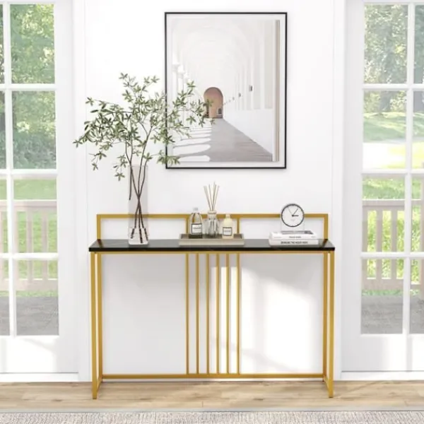 COSTWAY Småbord>Konsolbord -- Marmortryck - 120 x 32 x 89 CM - Svart metallram Modern ingångsmöbler