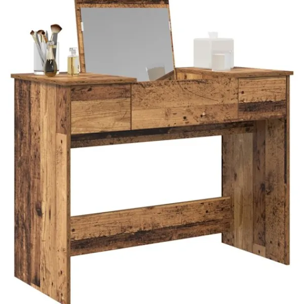 vidaXL Sminkbord>Kosmetiktabell med låda med spegel Gammalt trä 100 x 45 x 76 cm