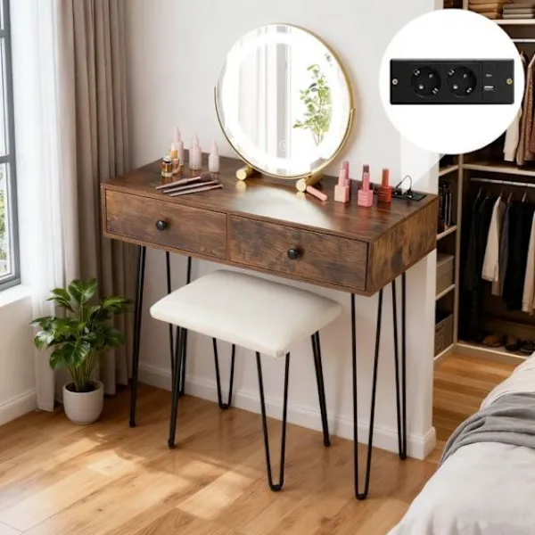 COSTWAY Sminkbord>Kostvägen Huvudbord och Pall, Justerbar Belyst Spegel, Inbyggd Laddstation, 2 Lådor, Metallben, Idealisk Present