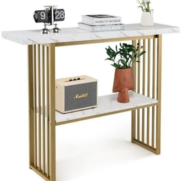 COSTWAY Småbord>KOSTWAY Marmor Effekt Entrekonsolbord - 2 Nivåer 120 x 29,5 x 92,5 cm (L x B x H) metallram - Skandinavisk Stil