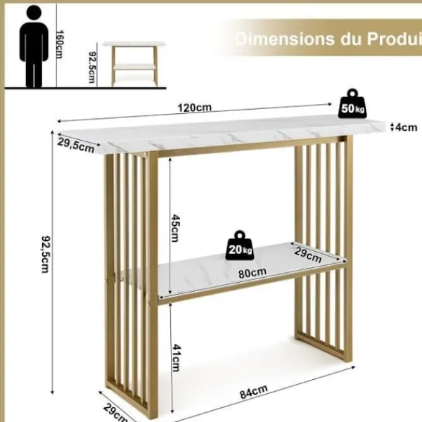 COSTWAY Småbord>KOSTWAY Marmor Effekt Entrekonsolbord - 2 Nivåer 120 x 29,5 x 92,5 cm (L x B x H) metallram - Skandinavisk Stil