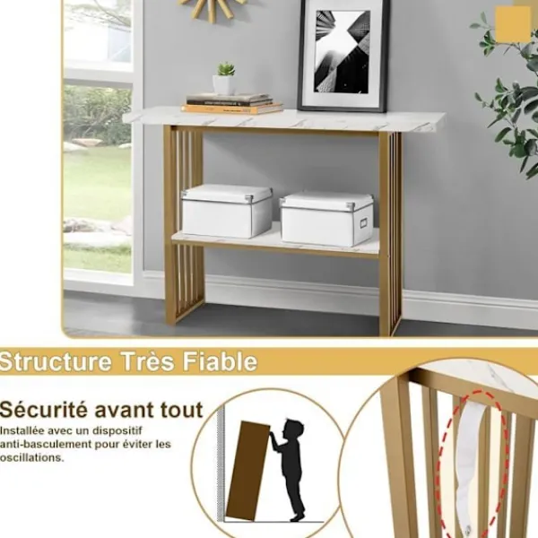 COSTWAY Småbord>KOSTWAY Marmor Effekt Entrekonsolbord - 2 Nivåer 120 x 29,5 x 92,5 cm (L x B x H) metallram - Skandinavisk Stil