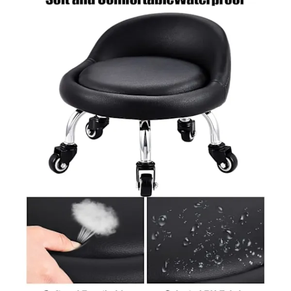 Pallar>Låg Pall med Hjul, Läder Metallbas, 360° Rund Läderbänk med 5 Hjul för Hemmakontor eller Träning (Svart)