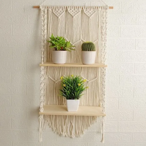 Hyllor>Macrame Vägghylla - Boho Inomhus Hängande Hyllor för Vägg - Bohemian Flytande Växt Rum Förvaringshylla
