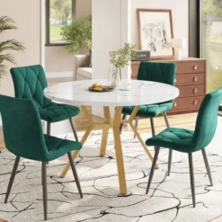 Matgrupper>Matsalsset, 5 delar, med marmorskiva och guldfärgade ben, 4 ergonomiska sammetsstolar, grön, modern rund design