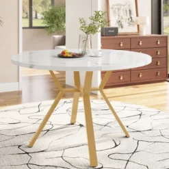 Matgrupper>Matsalsset, 5 delar, med marmorskiva och guldfärgade ben, 4 ergonomiska sammetsstolar, grön, modern rund design