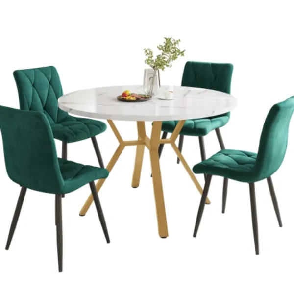 Matgrupper>Matsalsset, 5 delar, med marmorskiva och guldfärgade ben, 4 ergonomiska sammetsstolar, grön, modern rund design