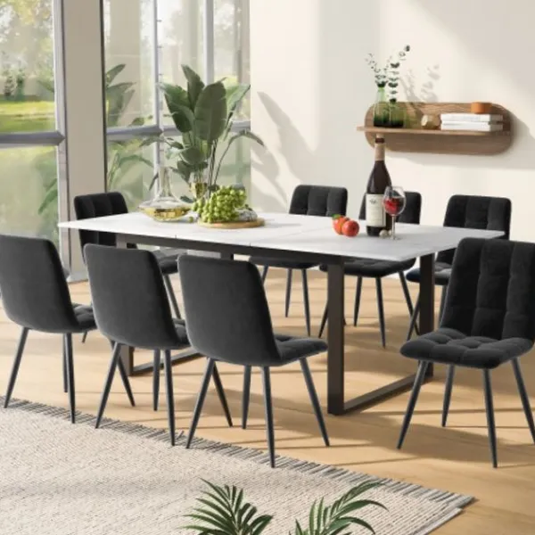 Matgrupper>Matsalsset med 8 sammetsstolar & utdragbart bord (140-180x80cm), grå, vit MDF-skiva & svarta ben, modernt