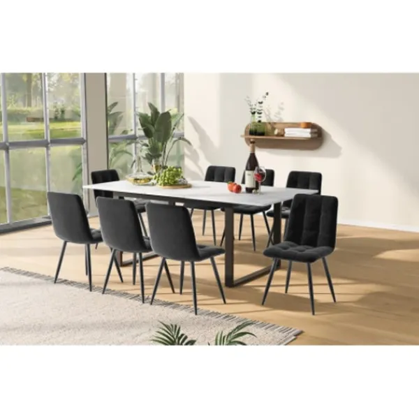 Matgrupper>Matsalsset med 8 sammetsstolar & utdragbart bord (140-180x80cm), grå, vit MDF-skiva & svarta ben, modernt