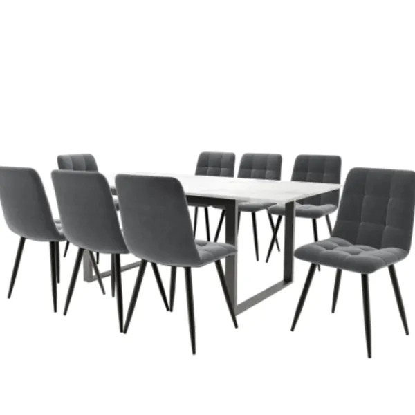 Matgrupper>Matsalsset med 8 sammetsstolar & utdragbart bord (140-180x80cm), grå, vit MDF-skiva & svarta ben, modernt