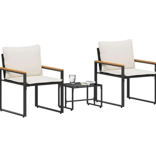 vidaXL Balkongmöbler>Möbelset med kudde 3 pcs Svart och krämvit Rotting