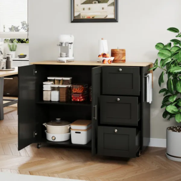Köksö>Mobilt köksbord 135cm – ekpanel & 3 lådor – hopfällbart multifunktionsbord med handdukshängare