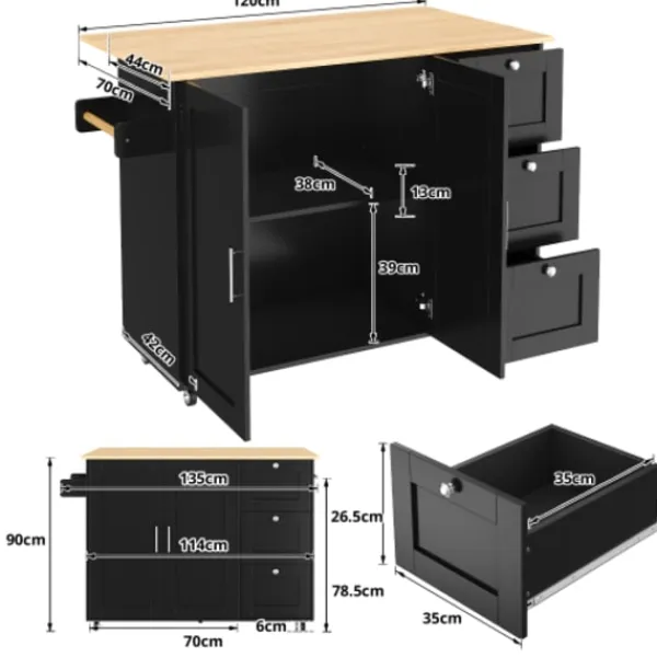 Köksö>Mobilt köksbord 135cm – ekpanel & 3 lådor – hopfällbart multifunktionsbord med handdukshängare