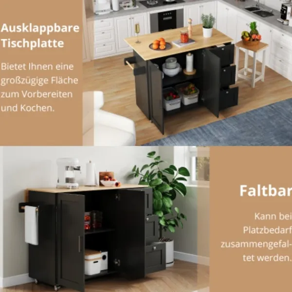 Köksö>Mobilt köksbord 135cm – ekpanel & 3 lådor – hopfällbart multifunktionsbord med handdukshängare