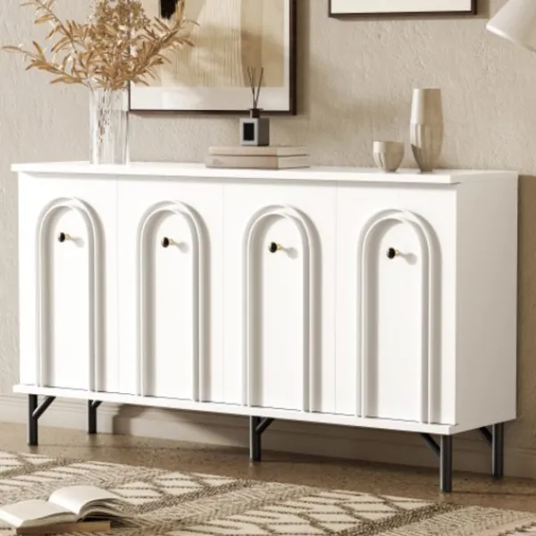 Sideboards>Modern 4-dörrars skänk – vit, 140 cm – stilren design, 3D-båge framtill, justerbara insatser – Mångsidigt förvaringsutrymme för vardagsrum