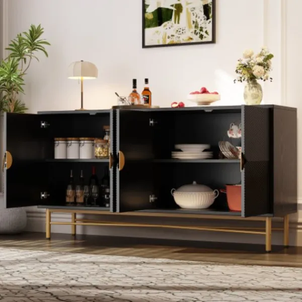 Sideboards>Modern skänk 160cm svart, 4 dörrar med guldhandtag, högblanka ben & upphöjd textur