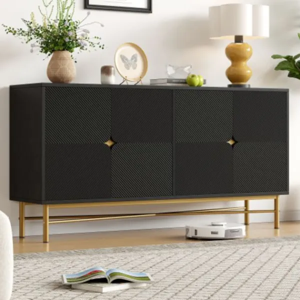 Sideboards>Modern skänk 160cm svart, 4 dörrar med guldhandtag, högblanka ben & upphöjd textur