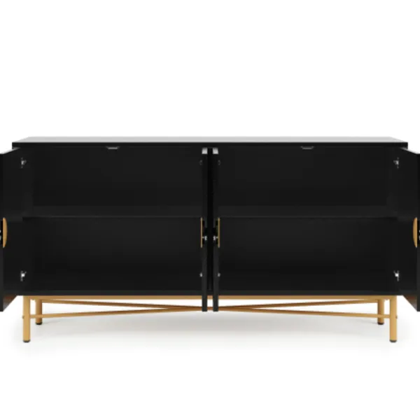 Sideboards>Modern skänk 160cm svart, 4 dörrar med guldhandtag, högblanka ben & upphöjd textur