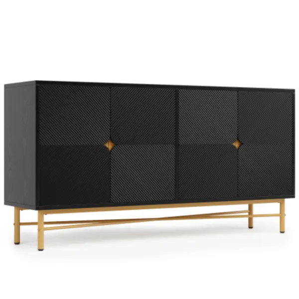 Sideboards>Modern skänk 160cm svart, 4 dörrar med guldhandtag, högblanka ben & upphöjd textur