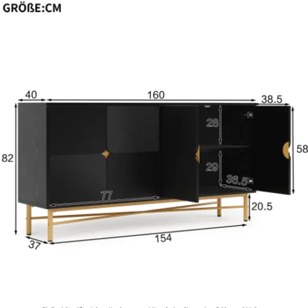 Sideboards>Modern skänk 160cm svart, 4 dörrar med guldhandtag, högblanka ben & upphöjd textur