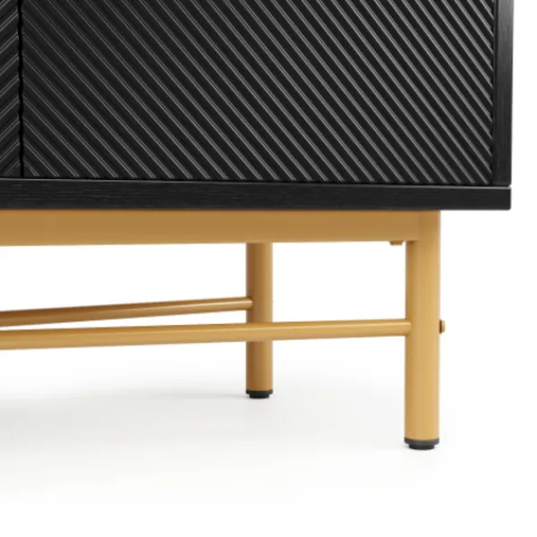 Sideboards>Modern skänk 160cm svart, 4 dörrar med guldhandtag, högblanka ben & upphöjd textur