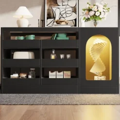 Byråer>Modern svart byrå med LED-belysning – byrå med 6 lådor för vardagsrum och matsal